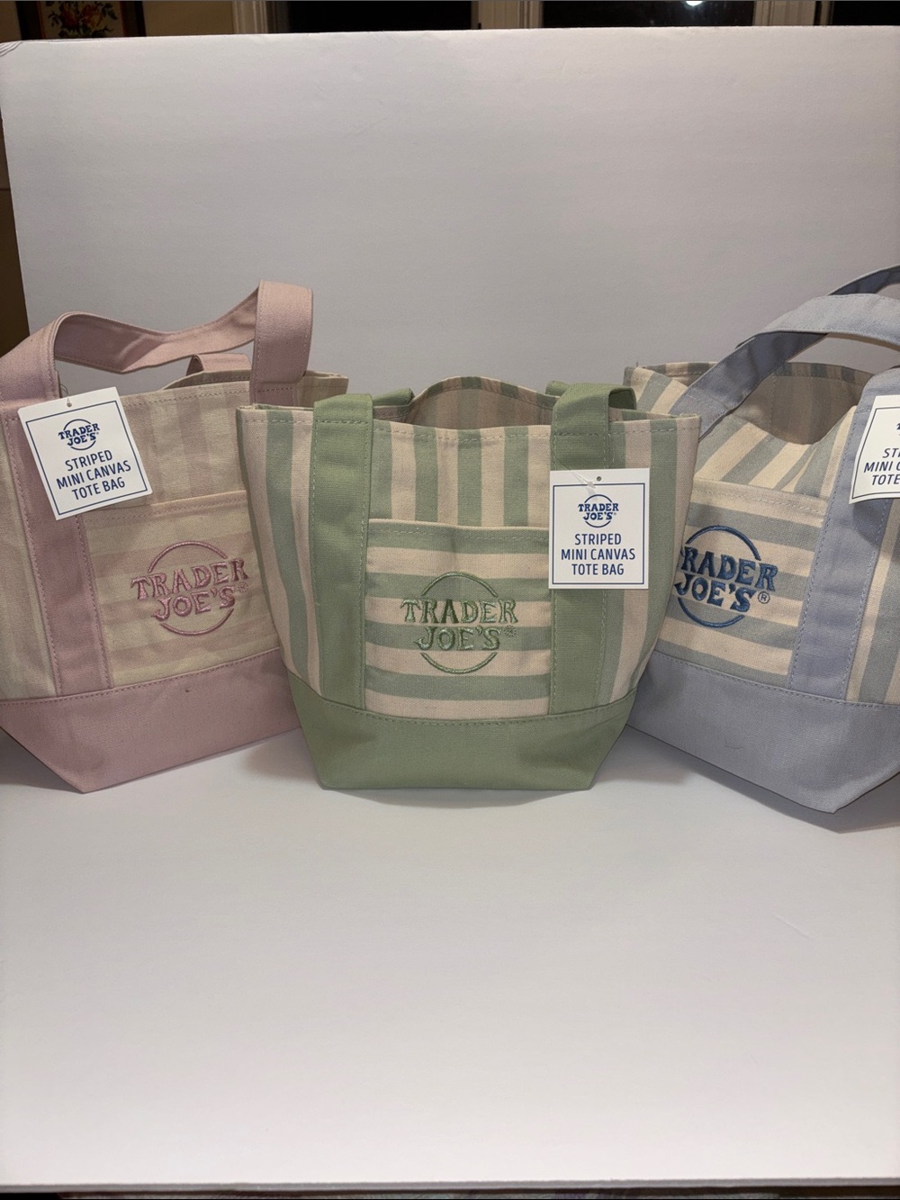 Set of 3 Trader Joe's Striped Mini Canvas Tote Bags Pink,Blue,Green